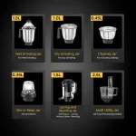 Prestige 1000 Watts Endura Pro Mixer Grinder with 6 Jars and Food Processor Attachments| Sturdy Stainless Steel Body| Ball Bearing Pure Copper Motor| See-Through Lids| Black  and Silver