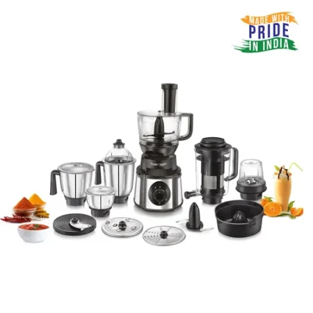 Prestige 1000 Watts Endura Pro Mixer Grinder with 6 Jars and Food Processor Attachments| Sturdy Stainless Steel Body| Ball Bearing Pure Copper Motor| See-Through Lids| Black  and Silver