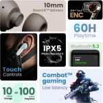 Boult Z40 with Zen ENC Mic, 60H Battery Life, Low Latency Gaming, Made In India, 5.3 Bluetooth Headset (White, In the Ear)